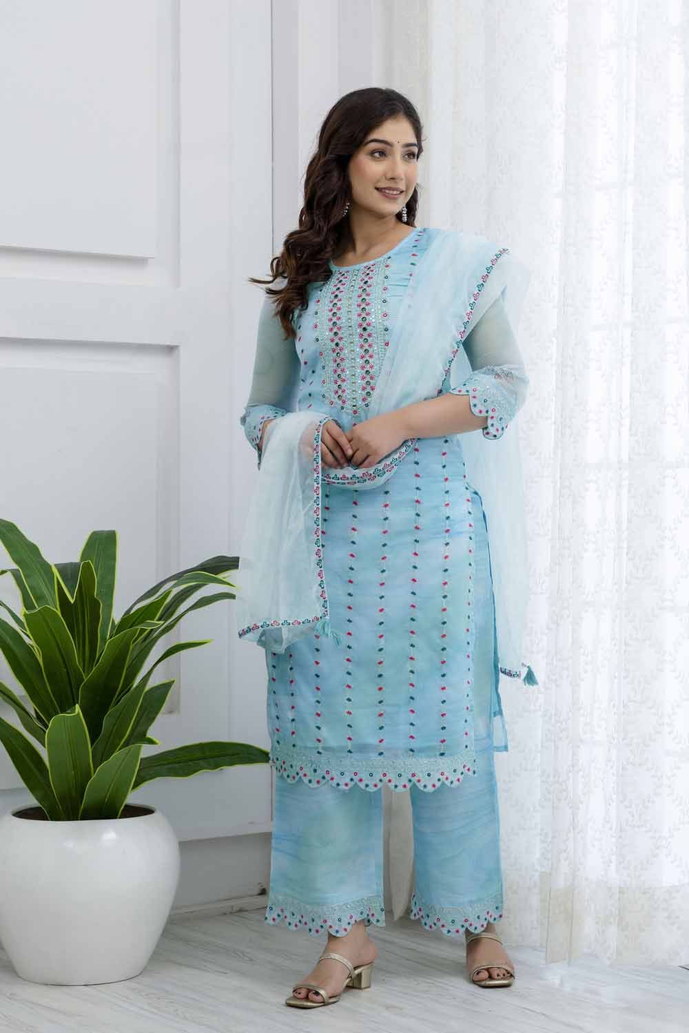 SKY BLUE KURTI WITH PLAZO AND DUPATTA Kaira