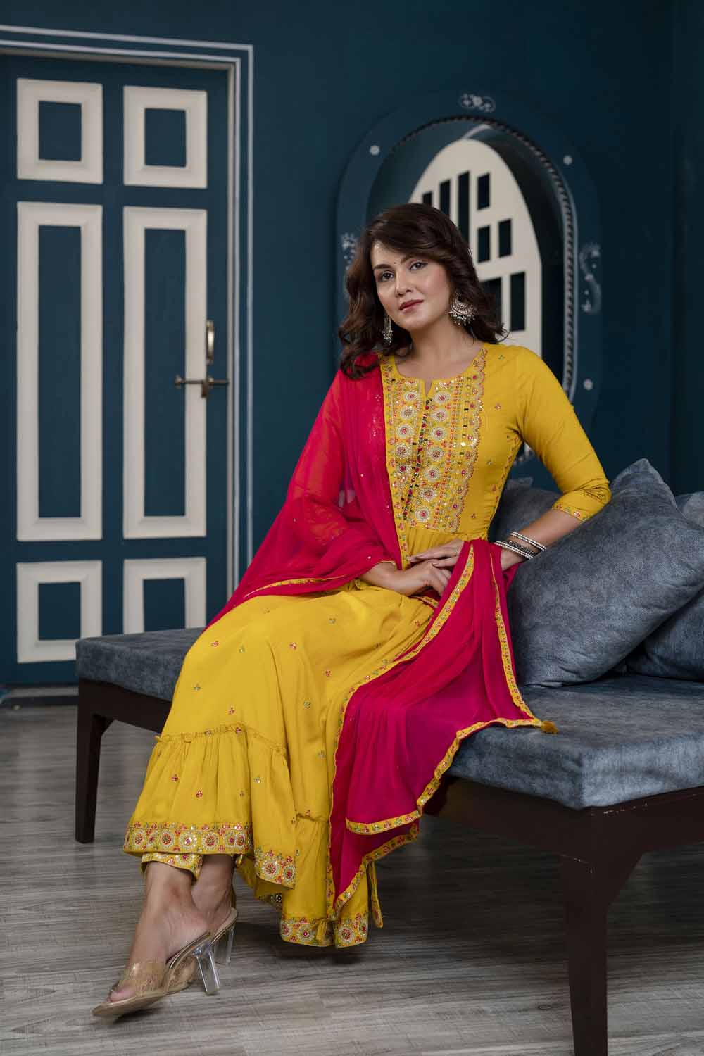 Rozy Styles Women's Casual Yellow Golden Printed Anarkali Kurti with Pink  Dupatta Set : Amazon.in: Fashion
