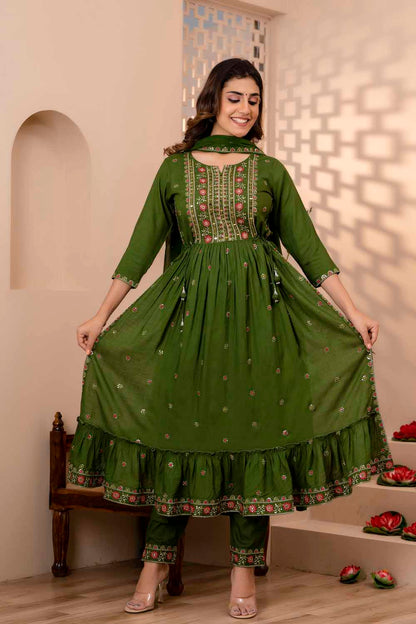 Mahendi Green PartyQueen Round Neck Naira Cut Kurti Pant Dupatta Set