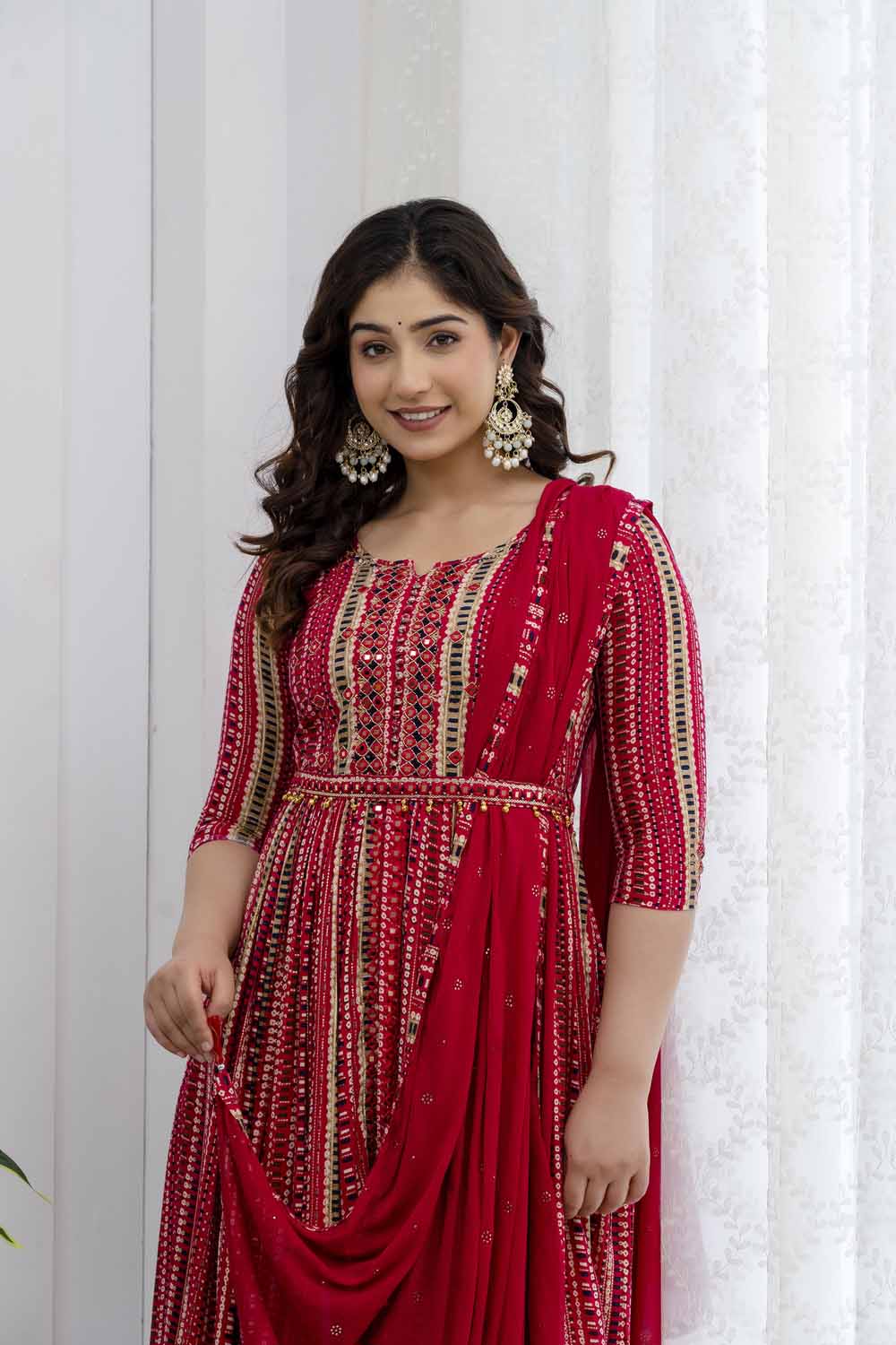 ROSE RED STYLISH FROCK WITH CHIFFON DUPATTA