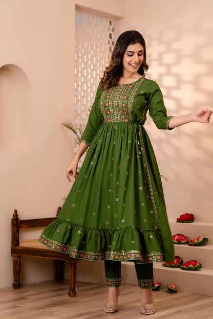 Mahendi Green PartyQueen Round Neck Naira Cut Kurti Pant Dupatta Set