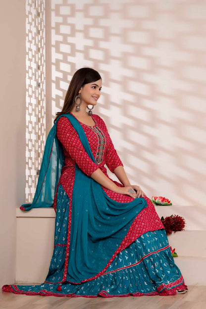 KAIRA REDDISH PINK RAYON PARTY QUEEN KURTI SKIRT DUPATTA SET