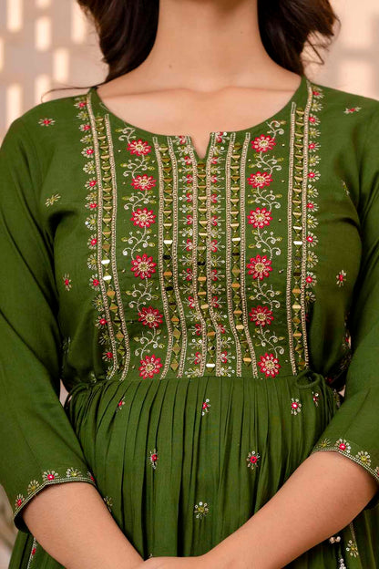 Mahendi Green PartyQueen Round Neck Naira Cut Kurti Pant Dupatta Set