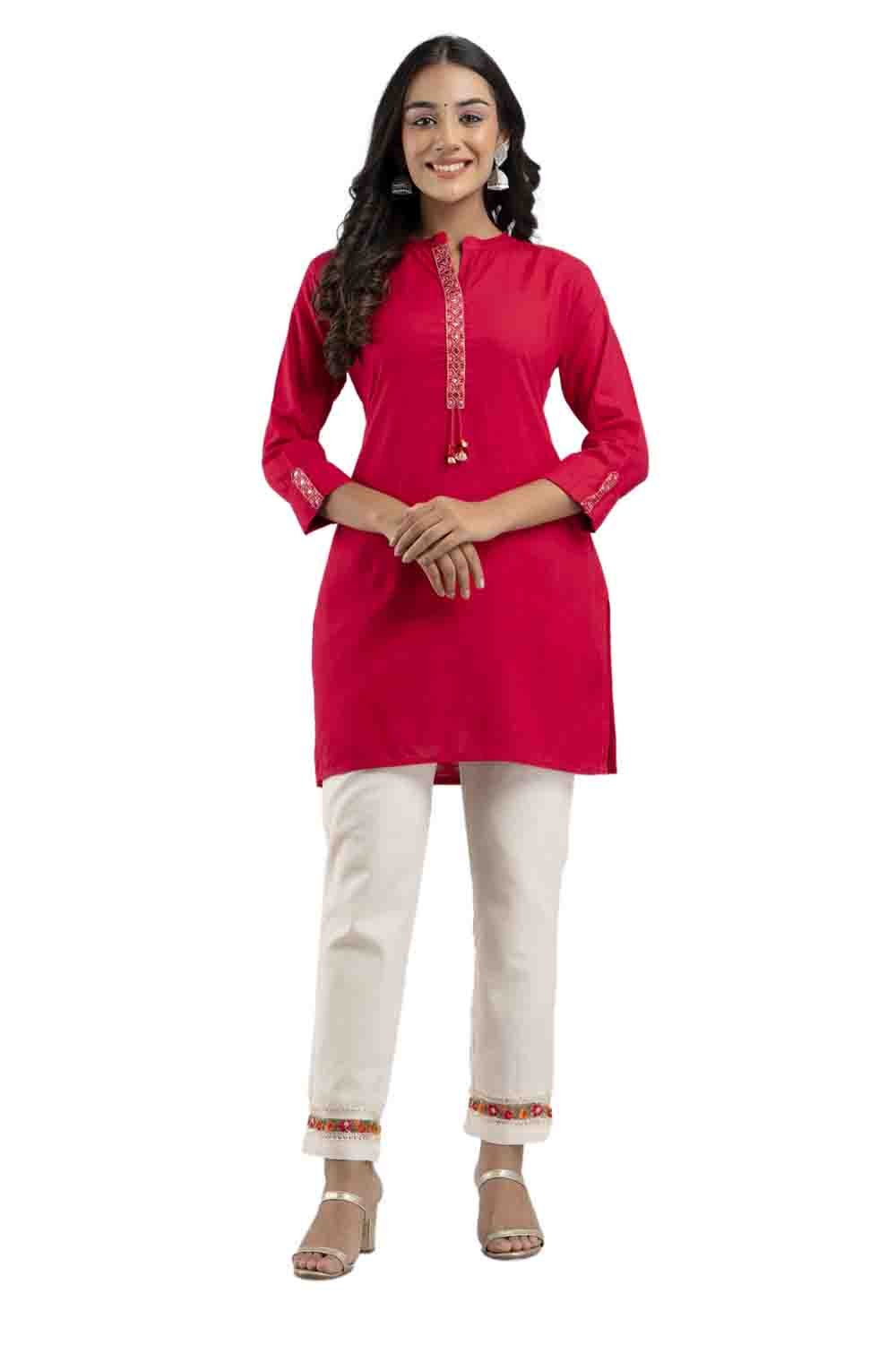 Rani Pink Rayon Classic Embroidered Straight Kurti