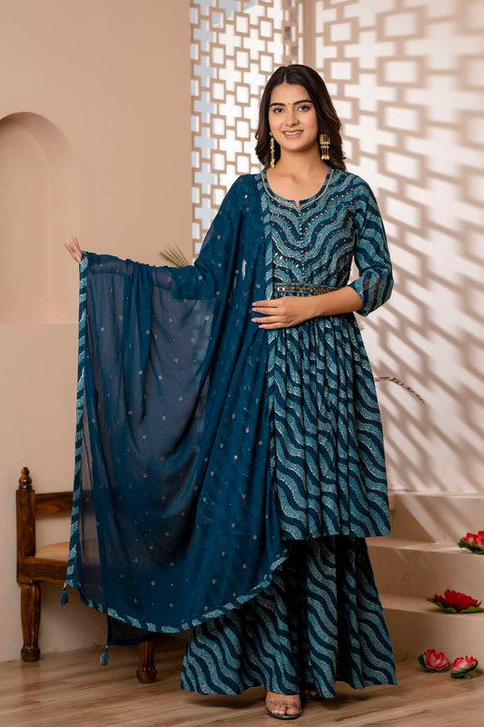 PEACOCK BLUE EMBELLISHED RAYON KURTI PLAZO DUPATTA SET