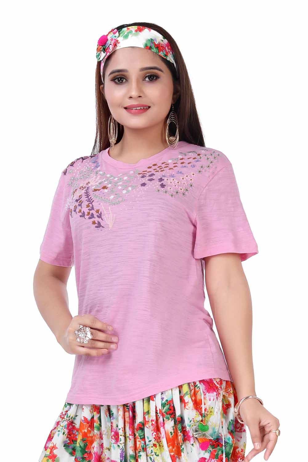KAIRA BABY PINK JERSEY EMBROIDERED WESTERN T-SHIRT