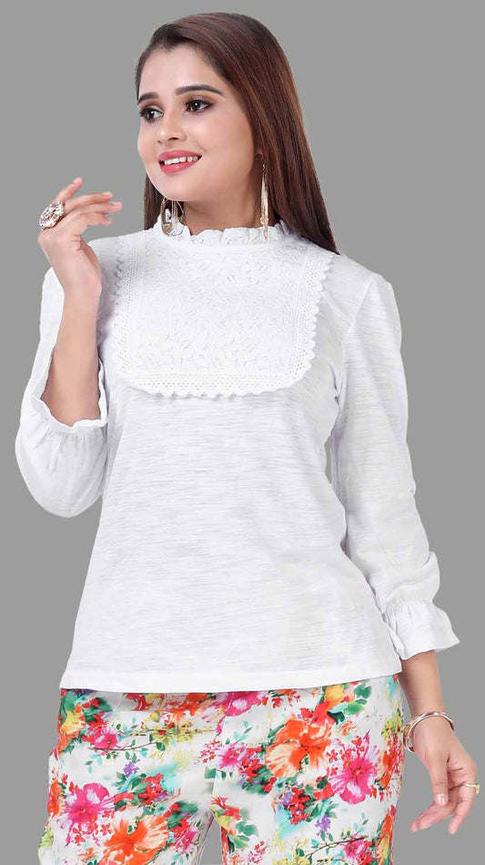 KAIRA WHITE JERSEY EMBROIDERED WESTERN T-SHIRT