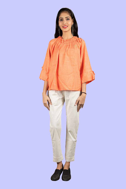 KAIRA ORANGE RAYON OFF SHOULDER WESTERN SHORT TOP