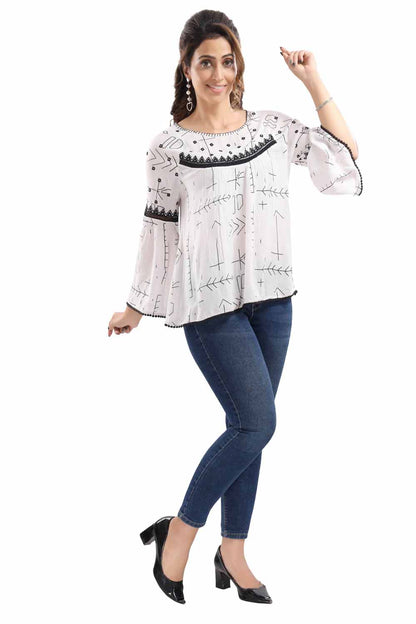 KAIRA WHITE SINTHETIC  EMBROIDERED WESTERN SHORT TOP