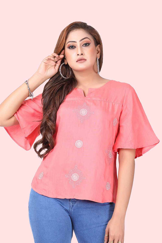 KAIRA PEACH SINTHETIC  EMBROIDERED WESTERN SHORT TOP