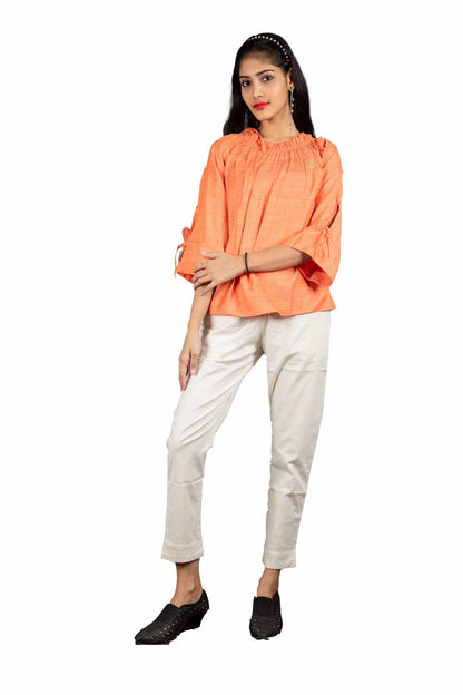 KAIRA ORANGE RAYON OFF SHOULDER WESTERN SHORT TOP