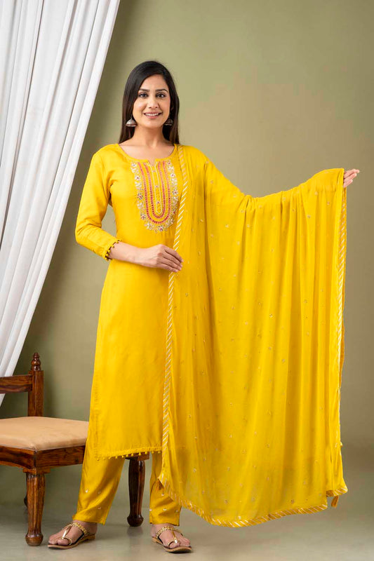 MUSTARD EMBELLISHED KURTI PANT DUPATTA SET