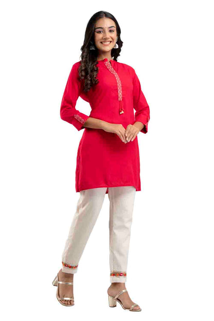 Rani Pink Rayon Classic Embroidered Straight Kurti