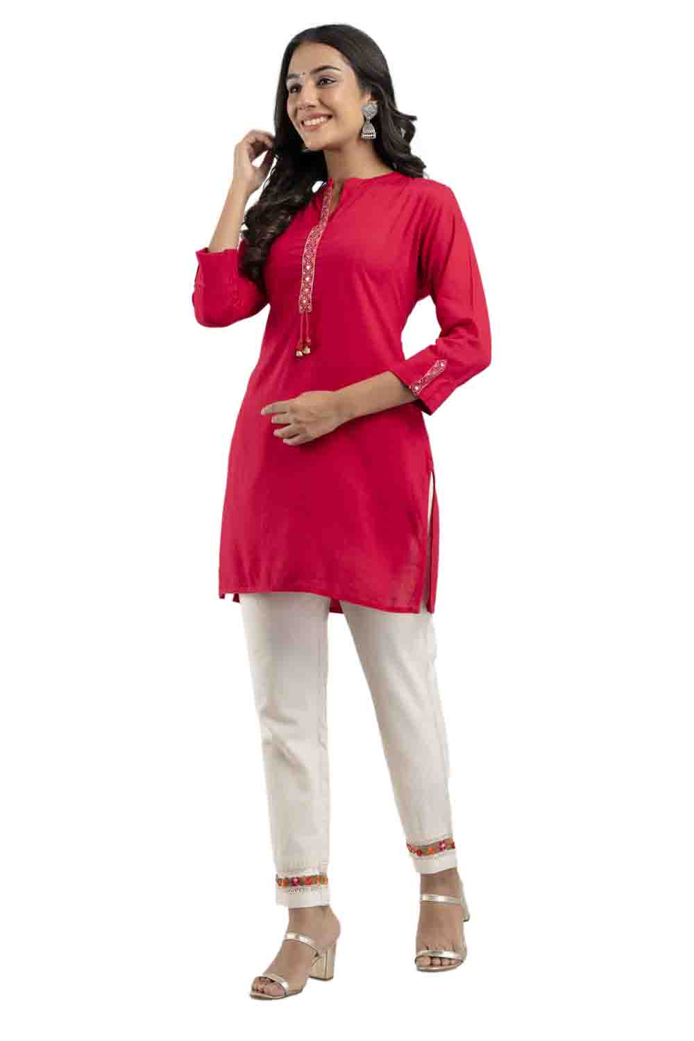 Rani Pink Rayon Classic Embroidered Straight Kurti