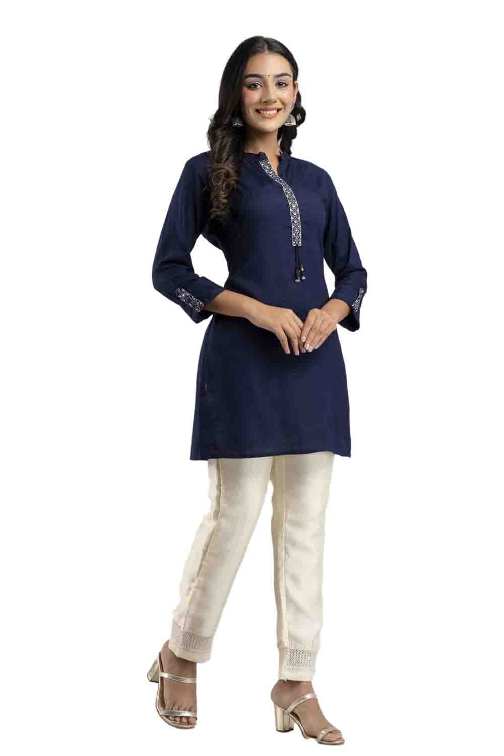 Navy Blue Rayon Classic Embroidered Straight Kurti