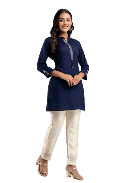 Navy Blue Rayon Classic Embroidered Straight Kurti