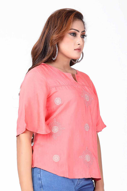 KAIRA PEACH SINTHETIC  EMBROIDERED WESTERN SHORT TOP