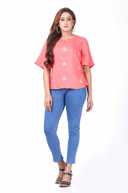 KAIRA PEACH SINTHETIC  EMBROIDERED WESTERN SHORT TOP