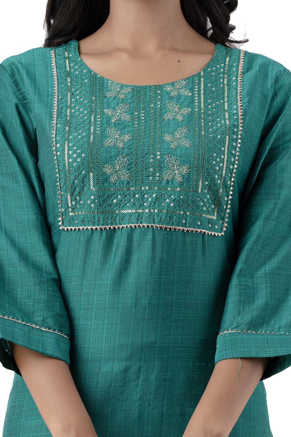 Rama Green Embroidered Art Silk Straight Cut Kurti