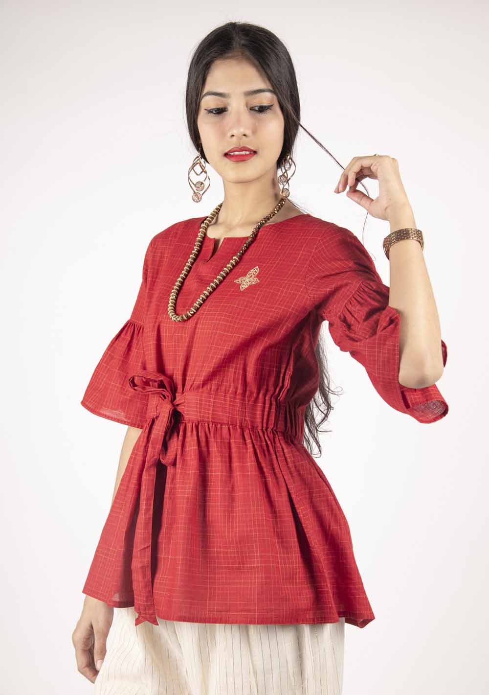 KAIRA MAROON COTTON MIX EMBROIDERED WESTERN SHORT TOP