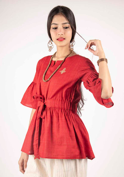 KAIRA MAROON COTTON MIX EMBROIDERED WESTERN SHORT TOP