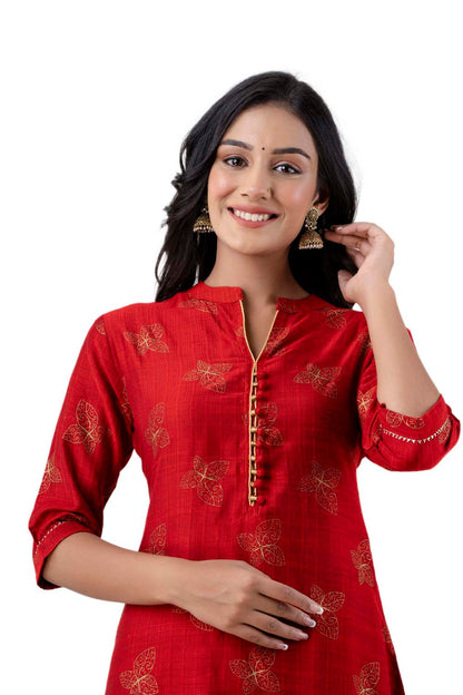 Maroon Printed Art Silk a Line Kurti