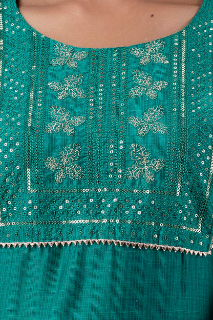Rama Green Embroidered Art Silk Straight Cut Kurti