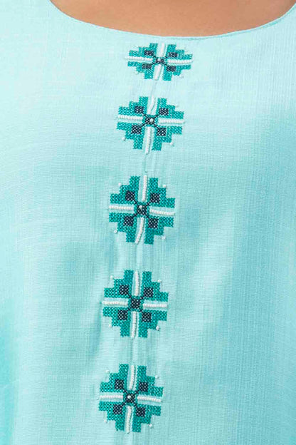 Sky Blue Art Silk Round Neck Straight Kurti