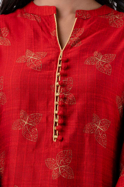 Maroon Printed Art Silk a Line Kurti