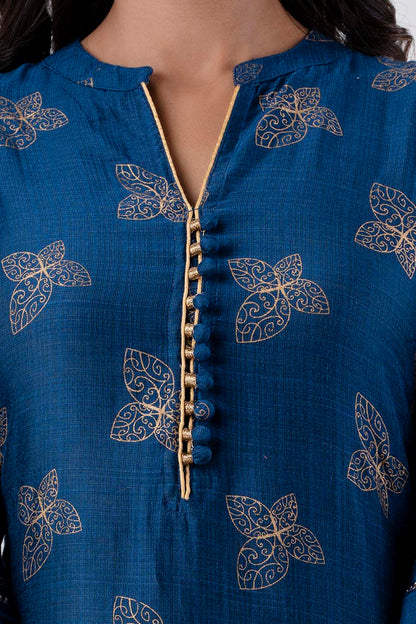 Peacock Blue Printed Art Silk a Line Kurti