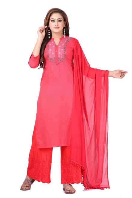 Red Rayon Embroidered Palazzo